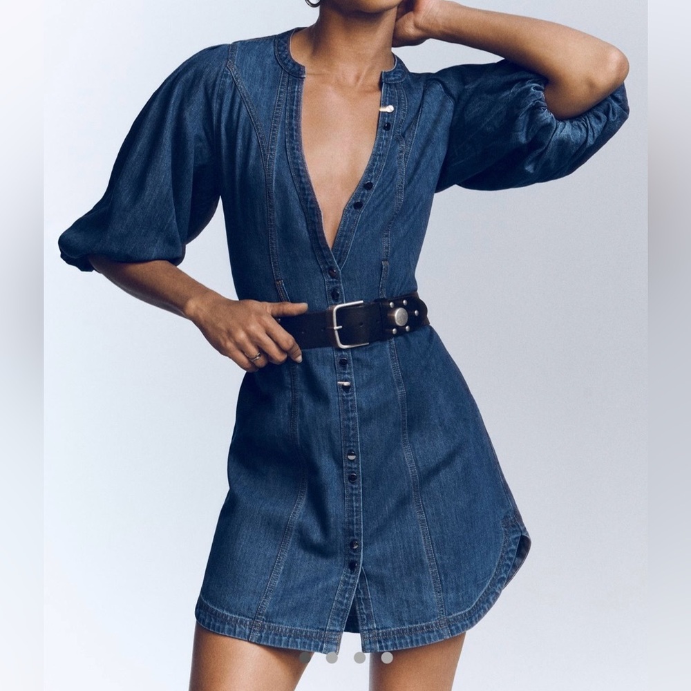Anthropologie Pilcro Puff-Sleeve Denim Shirt Dress, Size XXS Petite